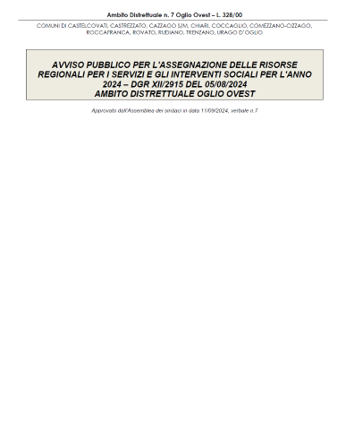 Immagine che raffigura Avviso pubblico per l'assegnazione delle risorse regionali per i servizi e gli interventi sociali per l'anno 2024 – dgr XII/2915 del 05/08/2024 Ambito Distrettuale Oglio Ovest