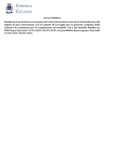 Immagine che raffigura MANIFESTAZIONE DI INTERESSE DA PARTE DEI CENTRI DI ASSISTENZA FISCALE (CAF) FINALIZZATA ALLA STIPULA DI UNA CONVENZIONE CON IL COMUNE DI COCCAGLIO PER LA GESTIONE DELLE RICHIESTE DI CONSULENZA PER LA COMPILAZIONE DICHIARAZIONE 730 E MODELLO REDDITI